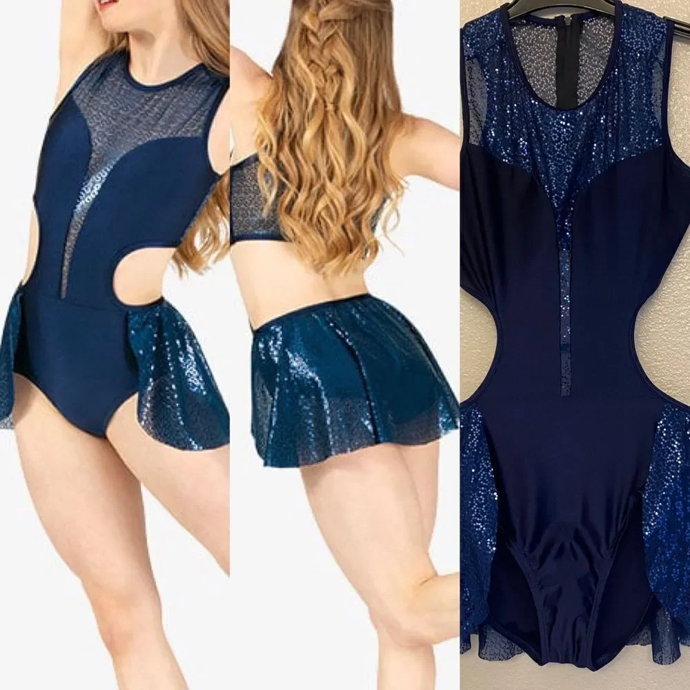 Double platinum dance Costume leotard blue sequin dress N7799P -adult M